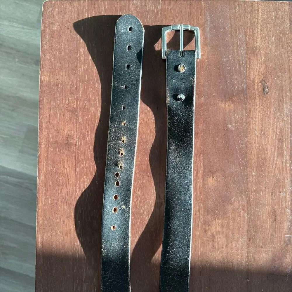 Vintage Genuine Leather Belt Black Silver Roller Buckle Wide Unisex 45” Long